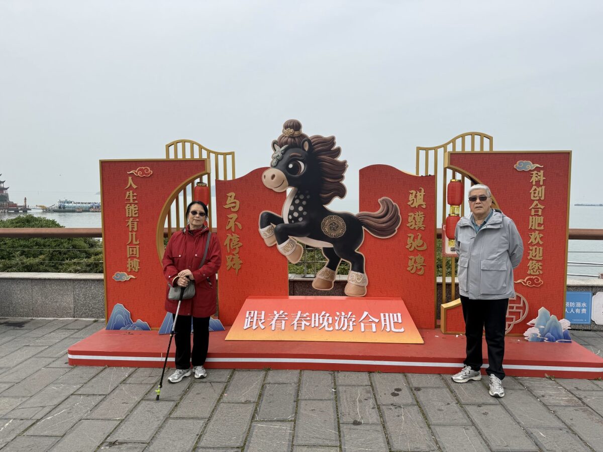 爸妈和春晚主题的骏马展板 / Parents with the Spring Gala horse display
